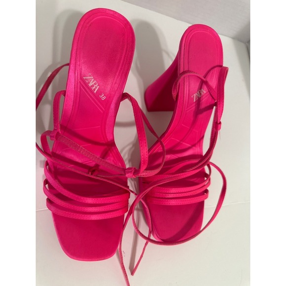 Zara Pink Platform Heels Strappy Tie Up‎ Sandals Party Flared Heel Size 38 - Picture 6 of 6